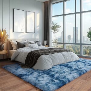 Ultra Soft Rug for Living Room, 6X9 Ft Tie-Dyed Blue Fluffy Shag Area Rug for Bedroom, Modern Shaggy Carpets Fuzzy Rug for Teens Dorm, Upgrade Anti-Skid Durable Fuzzy Plush Rug