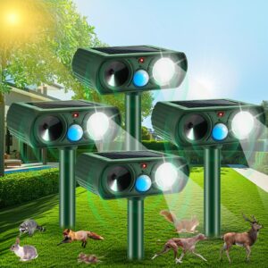 upgraded ultrasonic animal repeller outdoor,4 pack solar animal repeller with motion sensor & deterrent light to scare cat raccoon rabbit squirrel skunk dog deer repellent devices for yard protection