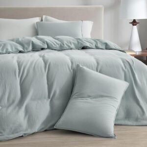 Chezmoi Collection Breeze 3-Piece Cotton Gauze King Duvet Cover Set, Light Blue-Gray Soft Washed Cotton Linen Like Textured Breathable Comforter Cover with Button Closure