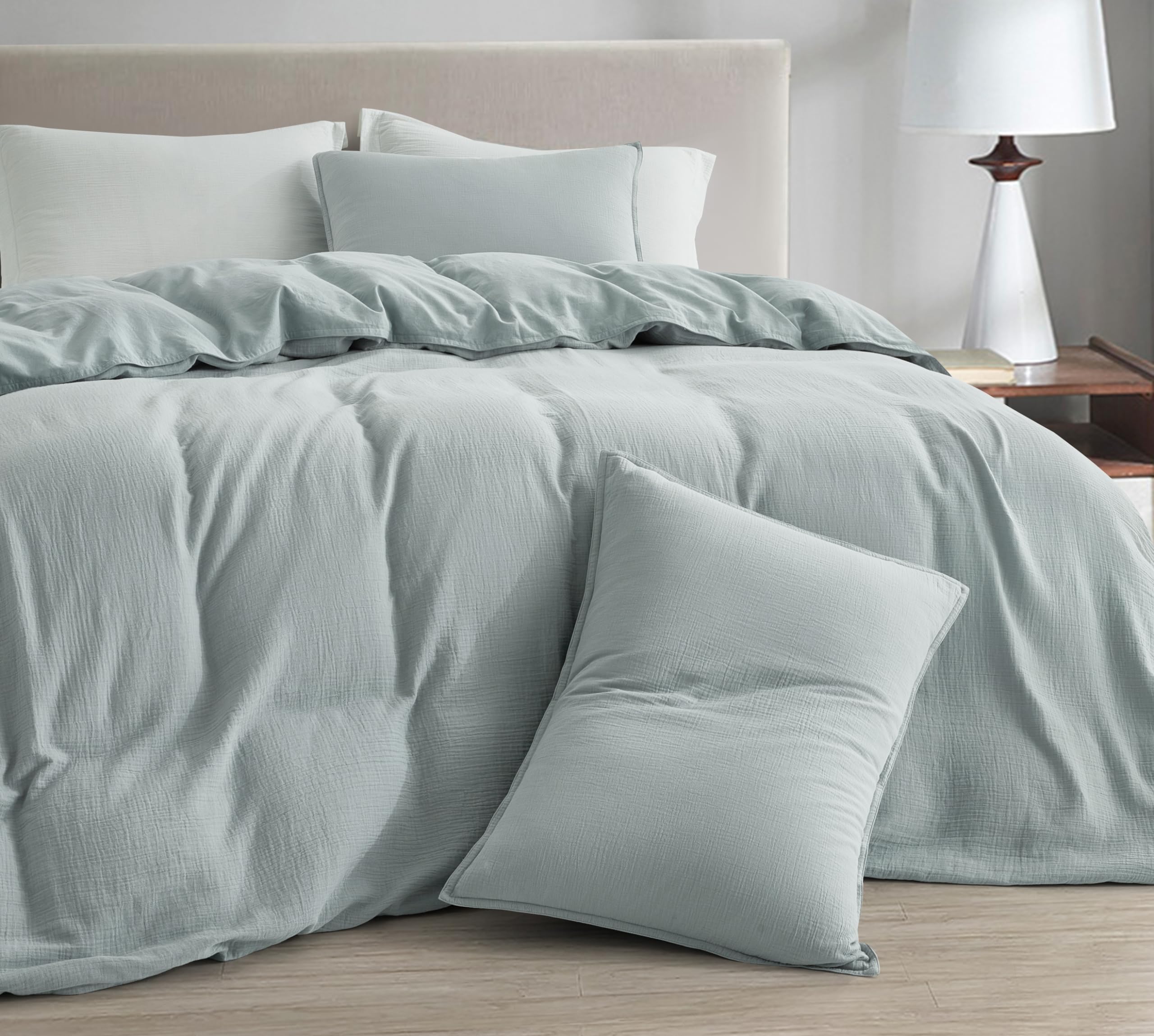 Chezmoi Collection Breeze 3-Piece Cotton Gauze King Duvet Cover Set, Light Blue-Gray Soft Washed Cotton Linen Like Textured Breathable Comforter Cover with Button Closure