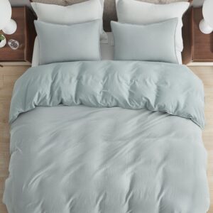 Chezmoi Collection Breeze 3-Piece Cotton Gauze King Duvet Cover Set, Light Blue-Gray Soft Washed Cotton Linen Like Textured Breathable Comforter Cover with Button Closure