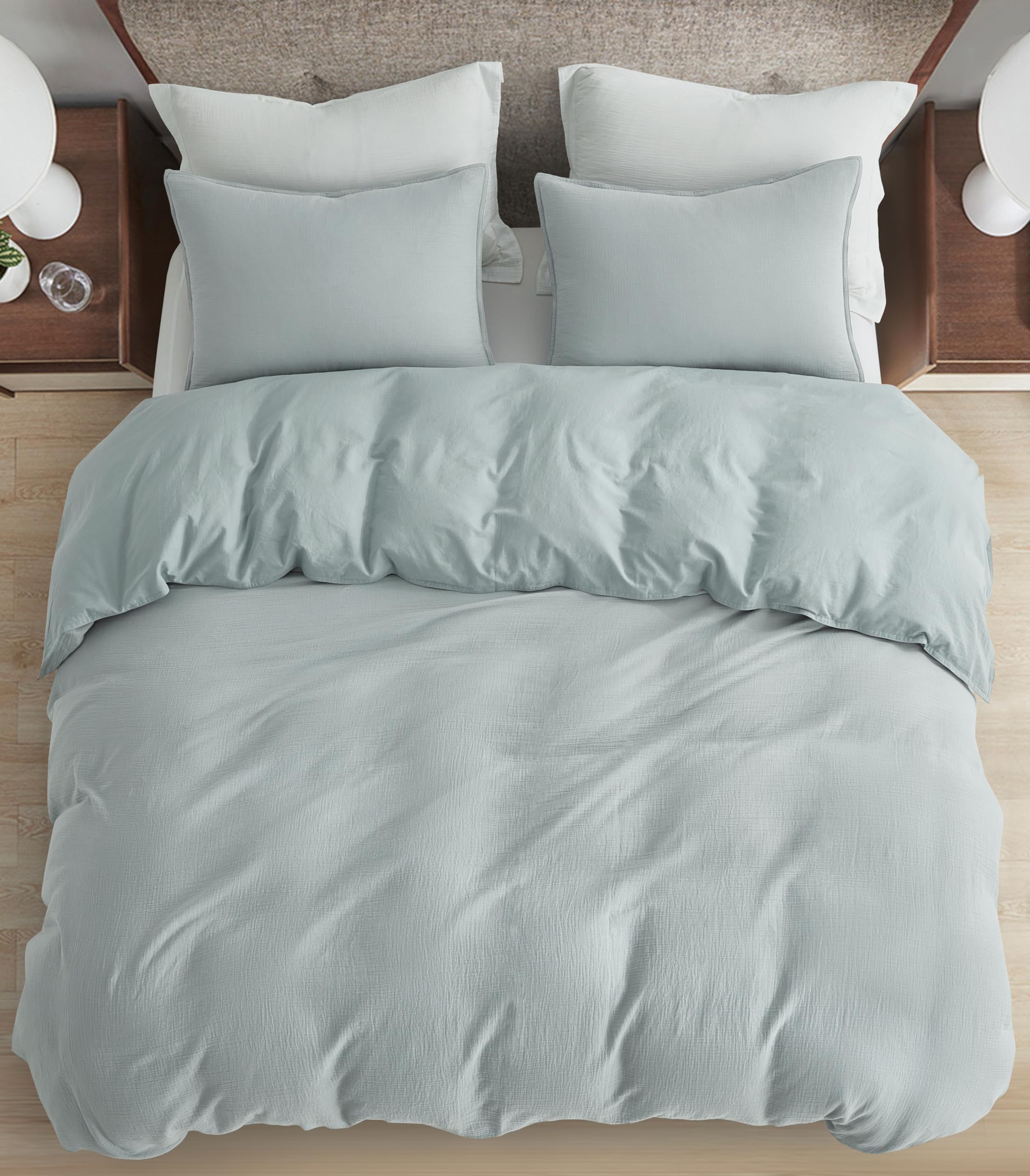 Chezmoi Collection Breeze 3-Piece Cotton Gauze King Duvet Cover Set, Light Blue-Gray Soft Washed Cotton Linen Like Textured Breathable Comforter Cover with Button Closure