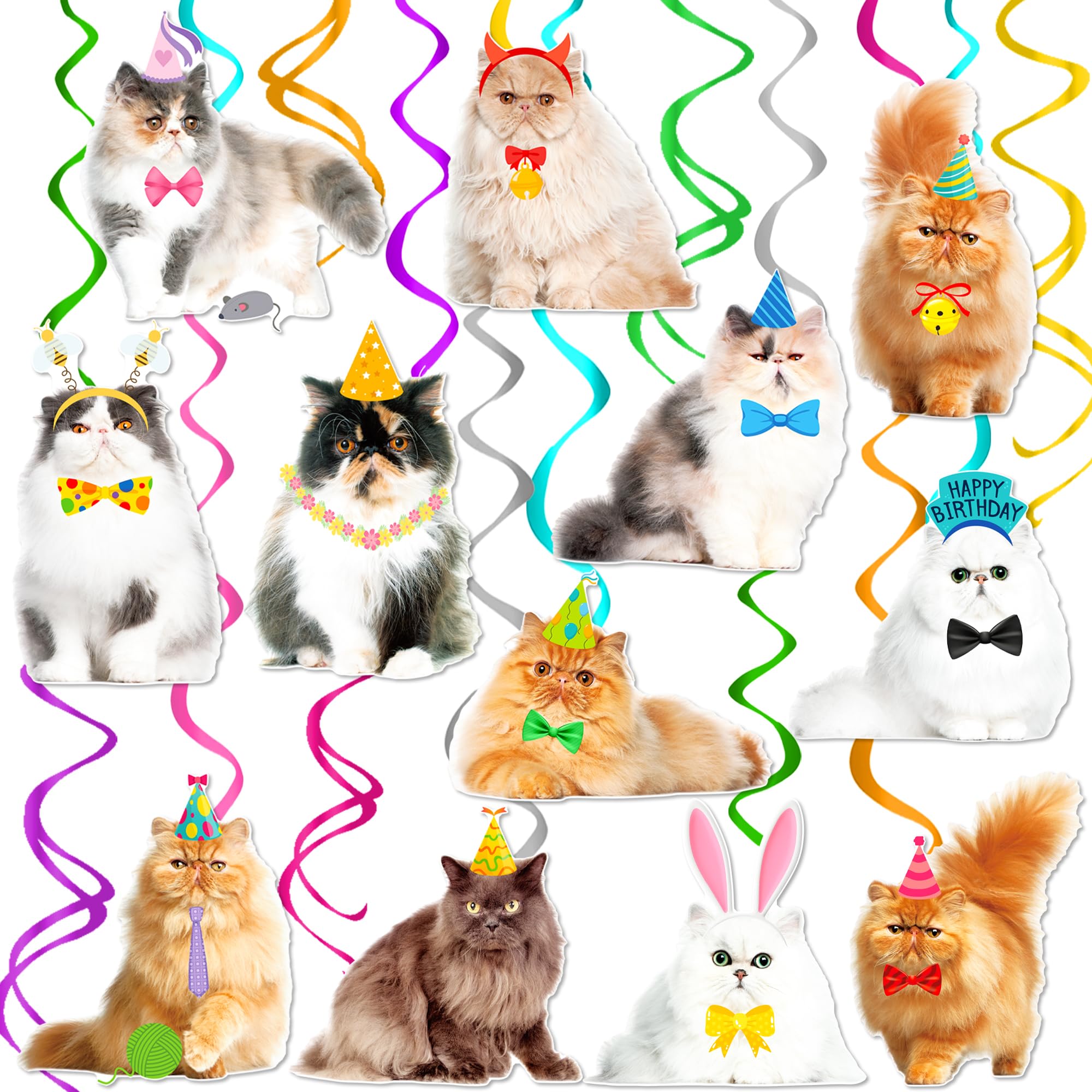 20Pcs Persian Cat Hanging Swirls Cat Themed Birthday Party Decorations Kitten Birthday Foil Ceiling Swirls Persian Cat Party Streamers for Pet Cat Baby Shower Supplies