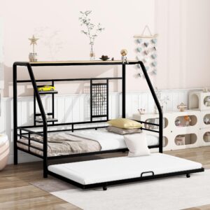 runna metal house bed with trundle, built-in shelf and grid, heavy duty metal day bed with guardrail for kids boys girls (black, twin)