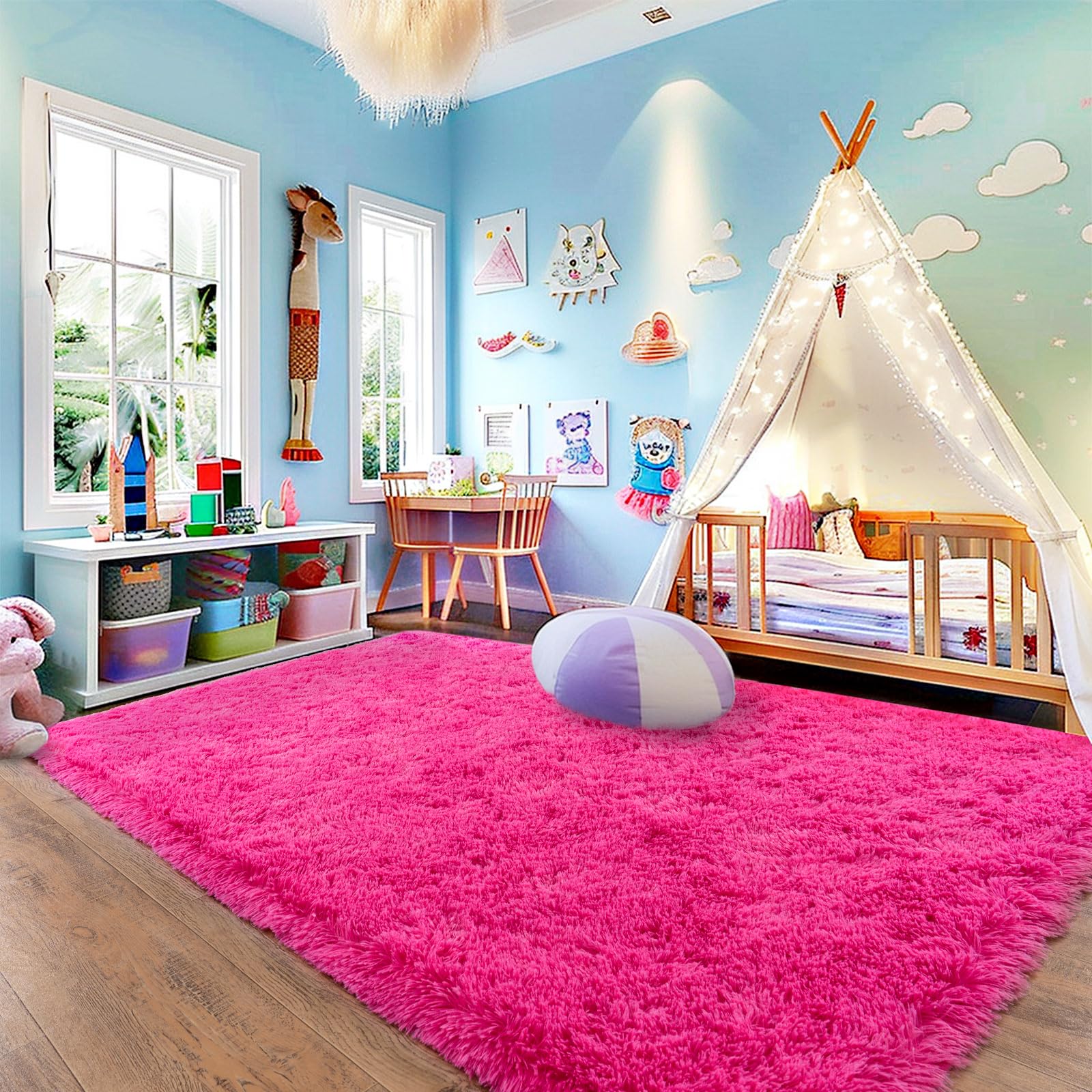 Shaggy 8x10 Area Rugs, Hot Pink Rug-Fuzzy Rugs for Kids Bedroom, Soft Play Nursery Area Rug for Girls, Shag Area Rugs Non Slip, Fluffy Faux Fur Rug Carpet