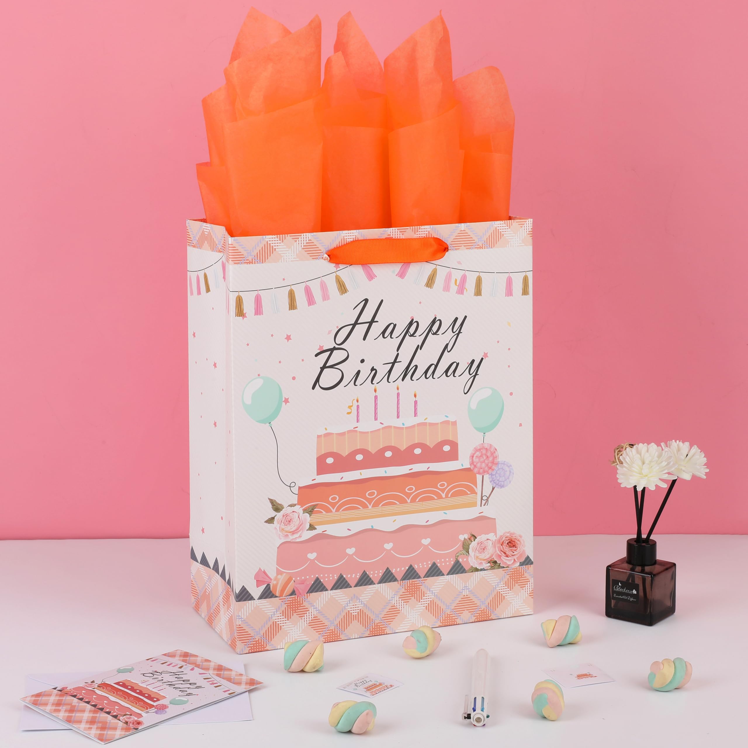 13" Large Light Orange Gift Bag Set with Greeting Card and Tissue Papers (Cake Design) for Women's Party, Girls', or Kids' Parties, Baby Shower - 10.2”x5.2”x13”, 1 Pcs.