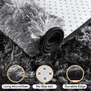 Fluffy Rug for Living Room,Furry Carpet for Teen,Shaggy Rug for Nursery Room, Tie-Dyed Black Grey Fuzzy Plush Rug for Dorm, Rectangle Shag Rug 6x9 Feet