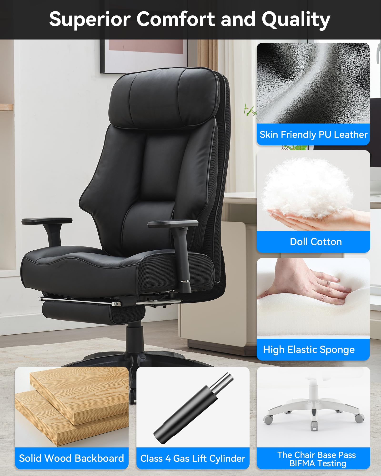 DJ·Wang Big and Tall Office Chair 400lbs, Executive Office Chair with Foot Rest, High Back Office Chair with Back Support, Oversized Office Chair for Heavy People, Leather Office Chair Black