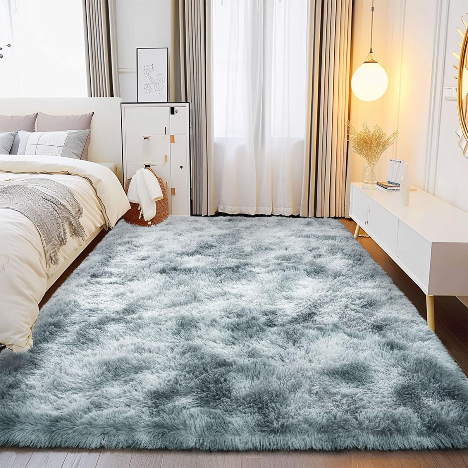 Fluffy Rug for Living Room,Furry Carpet for Teen,Shaggy Rug for Nursery Room, Tie-Dyed Silver Grey Fuzzy Plush Rug for Dorm, Rectangle Shag Rug 6x9 Feet