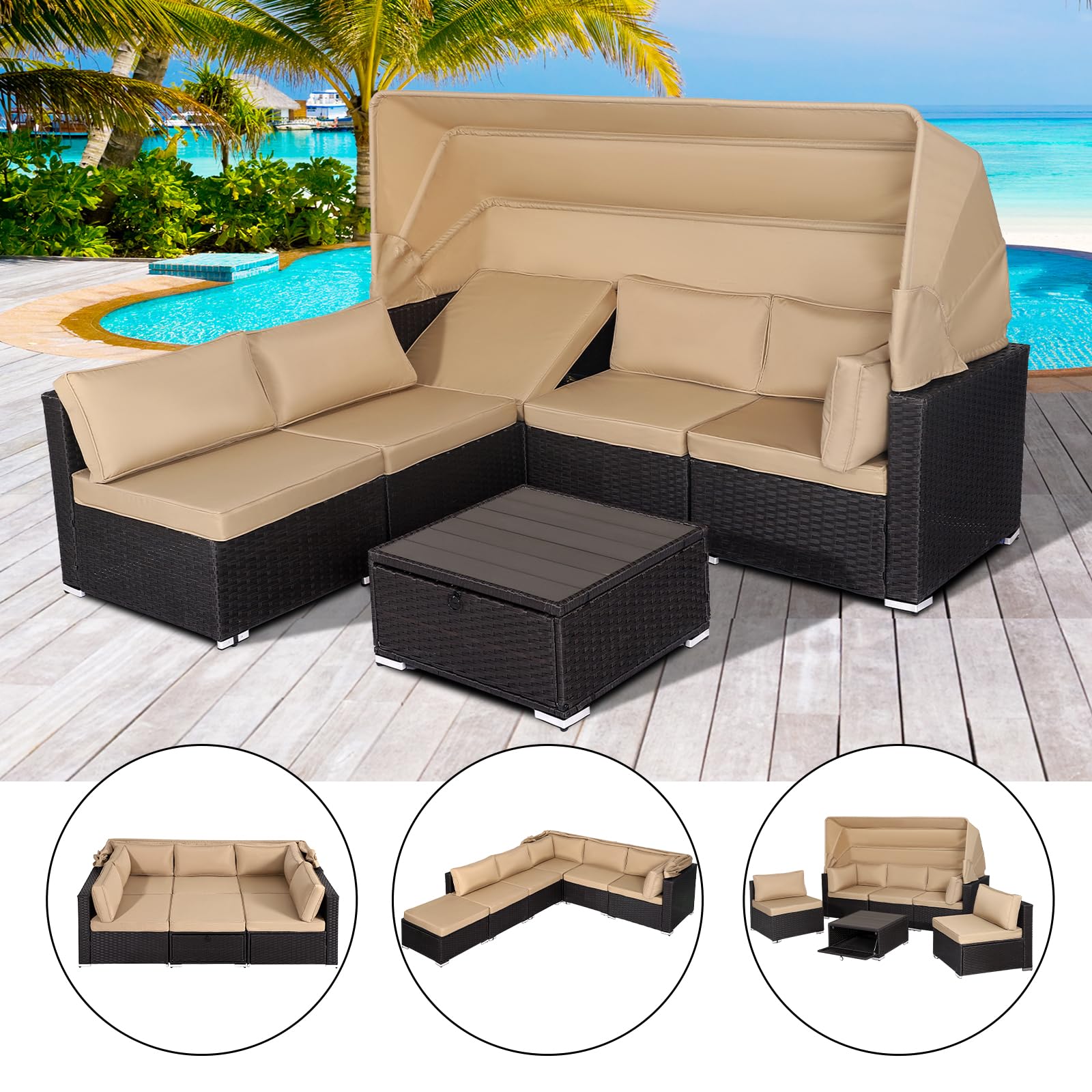 Grepatio Rattan Furniture Daybed with Canopy 6 Pieces Outdoor Day Bed Wicker Sectional Sofa Set Patio Furniture Set with Adjustable Backrest and Cushions Storage Table (6 Pieces Khaki Without Tape)