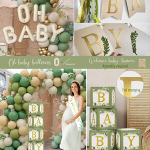 Sage Green Baby Shower Decorations, Gender Neutral Baby Shower Decorations, Greenery Baby Shower Party Supplies, Oh Baby Backdrop Tablecloth Balloon Garland BABY Box Welcome Baby Banner