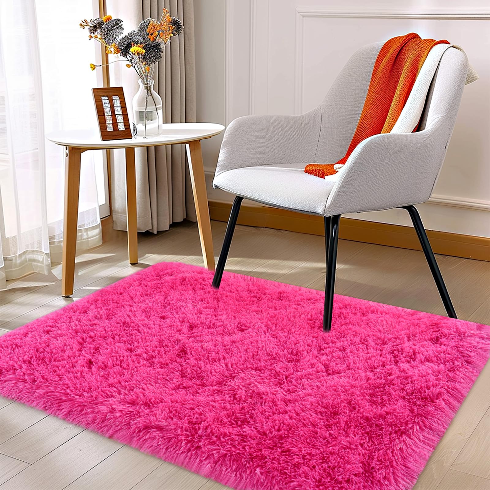 Fluffy Rug for Living Room,Furry Carpet for Teen,Shaggy Rug for Nursery Room, Hot Pink Fuzzy Plush Rug for Dorm, Rectangle Shag Rug 2x3 Feet