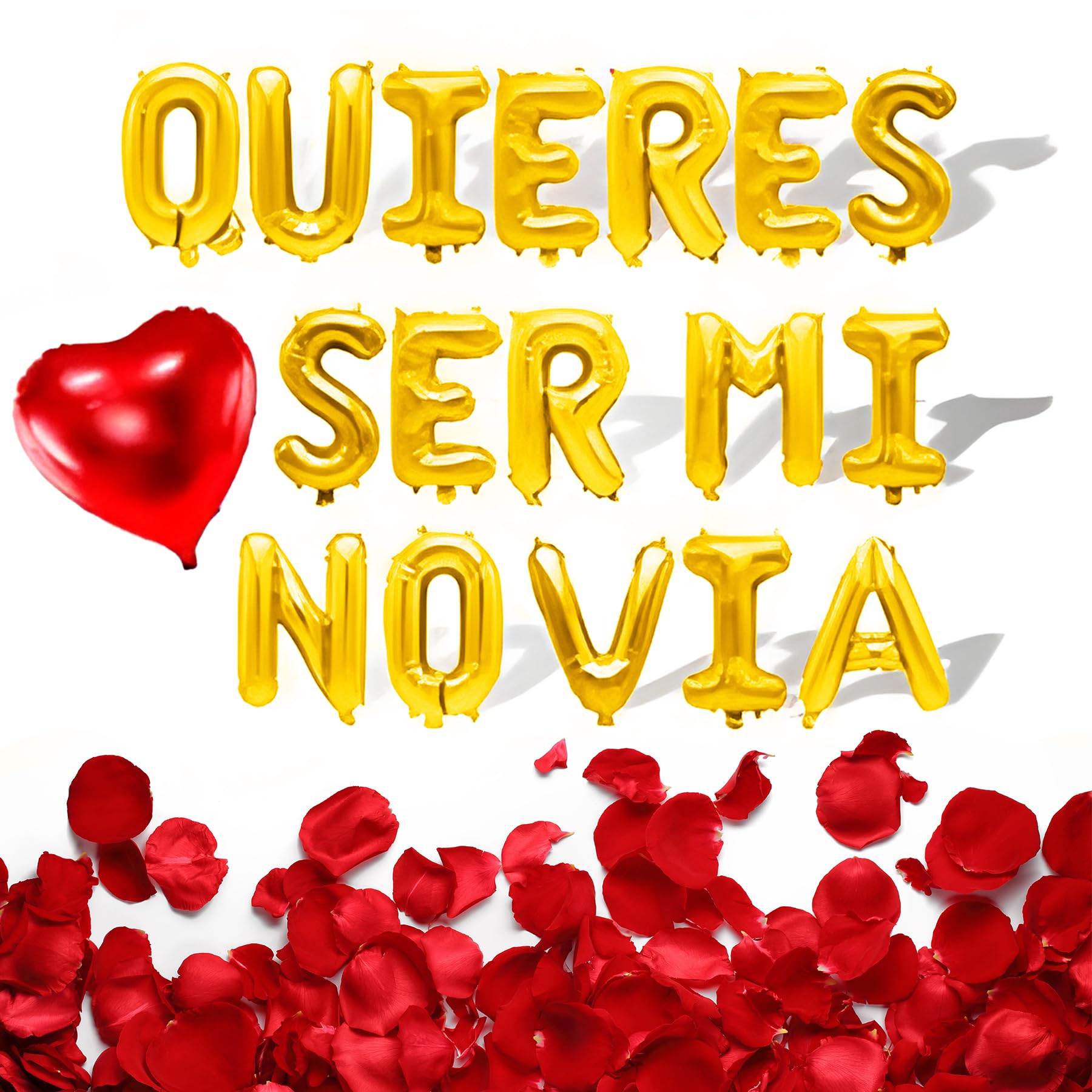 QUIERES SER MI NOVIA - 16'' Will You Be My Girlfriend Balloons Spanish with 200pcs Artificial Rose Petals for Valentines Day Decorations (Quieres Ser Mi Novia Balloons Gold)