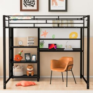 Full Size Loft Bed with Desk and Storage Shelves, Metal Loft Bed Full Size with Whiteboard and 3-Tier Shelves, Full Size Loft Bed for Kids, Teens (Black Full)