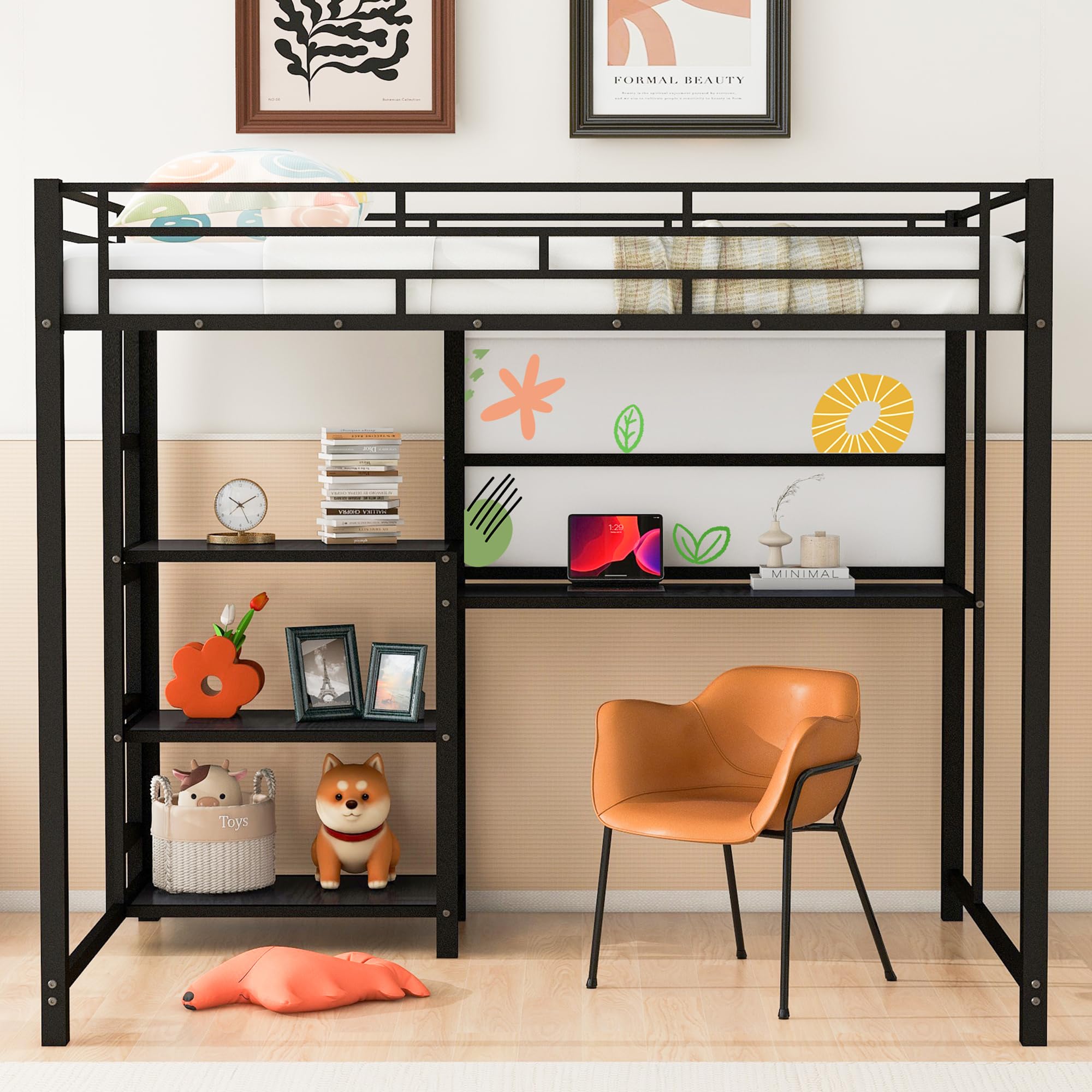 Full Size Loft Bed with Desk and Storage Shelves, Metal Loft Bed Full Size with Whiteboard and 3-Tier Shelves, Full Size Loft Bed for Kids, Teens (Black Full)