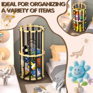 Stuffed Animal Organizer, Toy Organizer Cage with Wider Elastic Band for Small Medium Large Plush Holder, Round Wooden Storage Bins for Boys Girls, Nursery Play Room