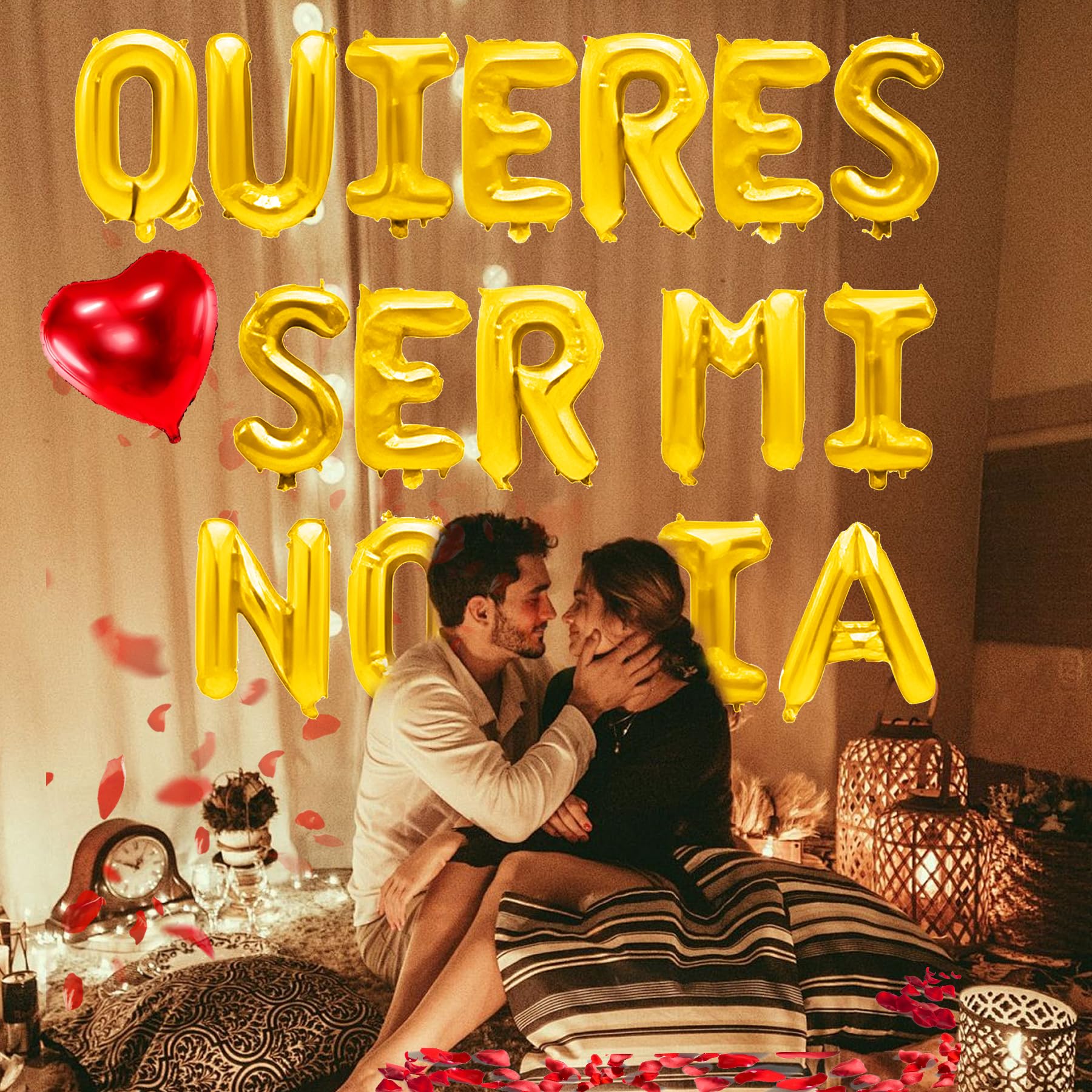 QUIERES SER MI NOVIA - 16'' Will You Be My Girlfriend Balloons Spanish with 200pcs Artificial Rose Petals for Valentines Day Decorations (Quieres Ser Mi Novia Balloons Gold)