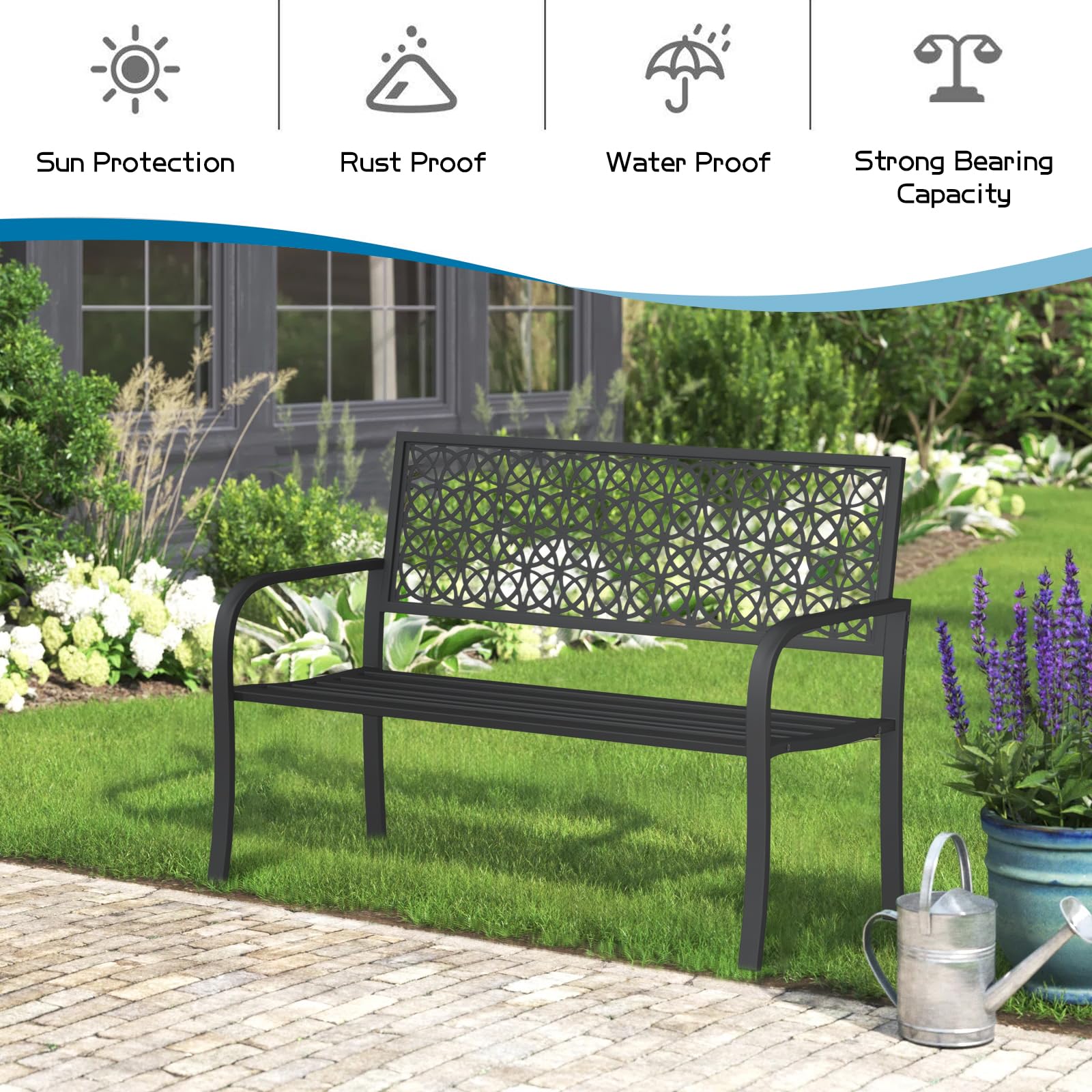 On Shine 50'' Patio Garden Bench Cast Iron Steel Outdoor Bench Clearance Weatherproof Metal Park Bench for Porch, Yard, Lawn, Deck(Black - Floral)