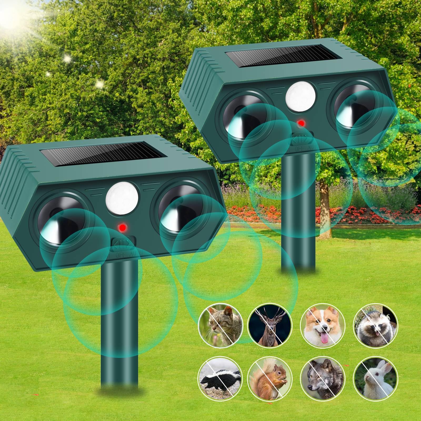 2 Pack Solar Ultrasonic Animal Repellent 2024 Outdoor Cat Deterrent with Motion Sensor for Cat Deer Rabbit Squirrel Skunk Dog, Waterproof Deer Repellent Devices Skunk Repellent for Yard Lawn Garden