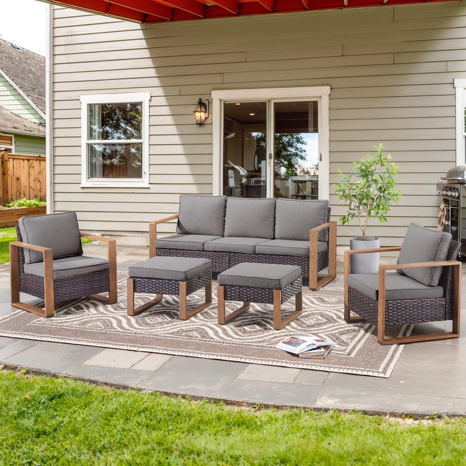 Belord 5 Piece Outdoor Wicker Patio Conversation Furniture Set Deep Seating, Metal Wide Armrests Patio Sofa Set with Rattan Chairs Ottomans for Porch Deck Sunroom Backyard