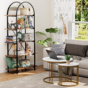 Arbuxzuy Arched Bookshelf 5 Tier Book Shelf, 31.5 Inch Width Industrial Arch Bookcase, Curved Tall Bookshelf with Open Shelves for Home Office, Living Room, Bedroom, Rustic Brown