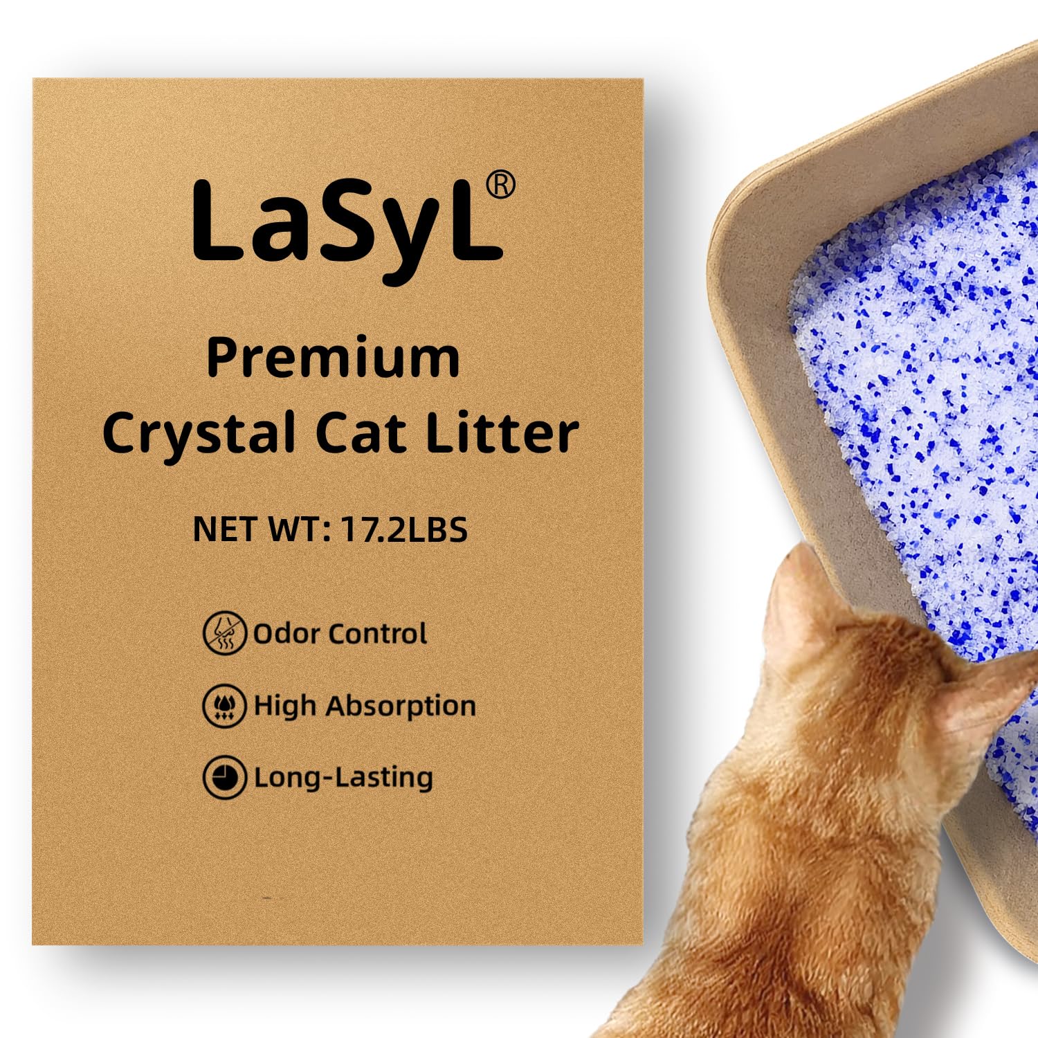 LaSyL Premium Crystal Cat Litter - 17.2 lb, Four Months Lasting - Superior Odor Control & Absorption, Non-Clumping, Low Tracking Silica Gel Safe for Pet, White & Blue (4 Bags of 4.3 lb)