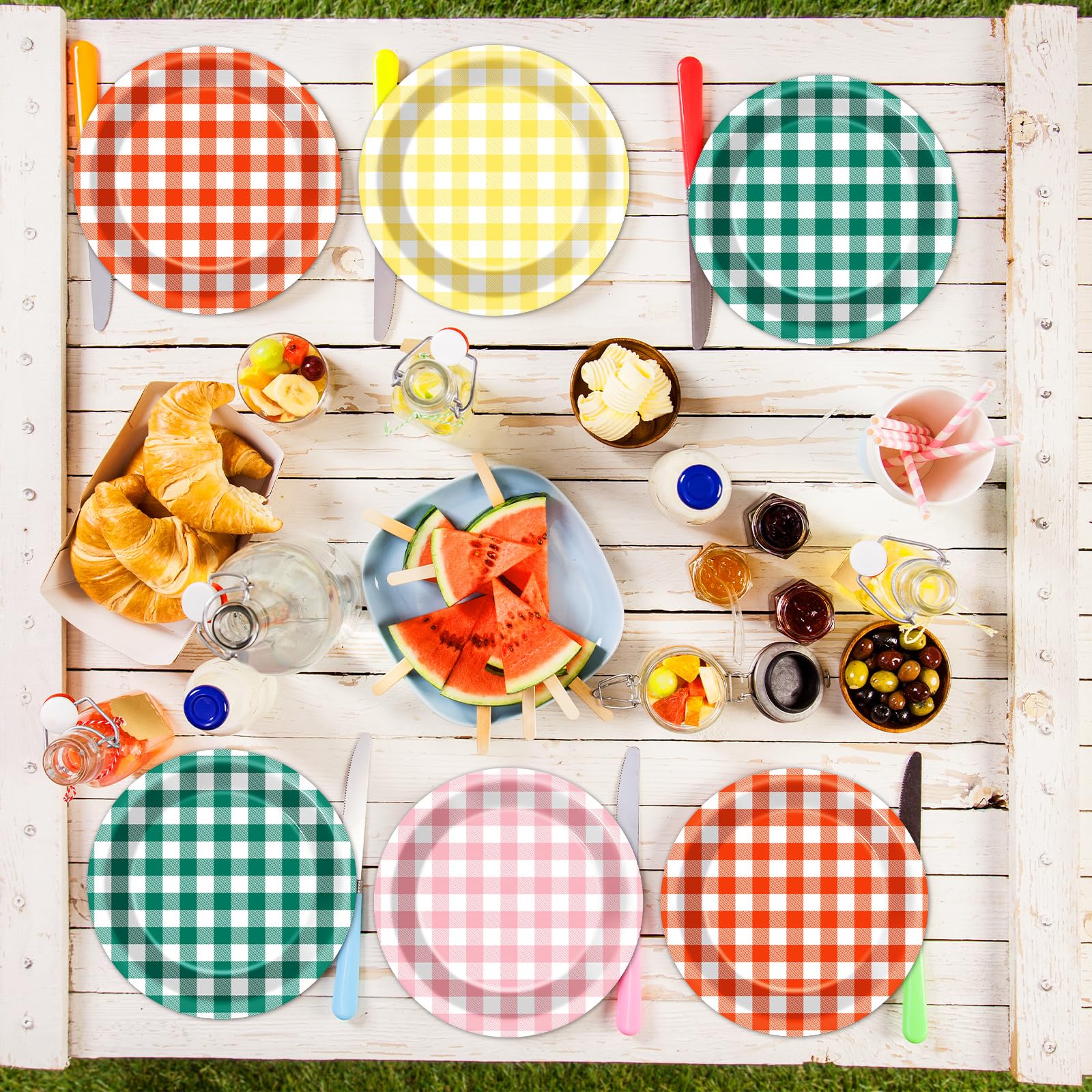 Lonfliness 48Pcs Camp Gingham Paper Plates 7Inch Gingham Checkered Bachelorette Party Supplies Glamping Birthday Tableware Dinnerware Set Summer Plaid Camping Themed Party Favors Baby Bridal Shower