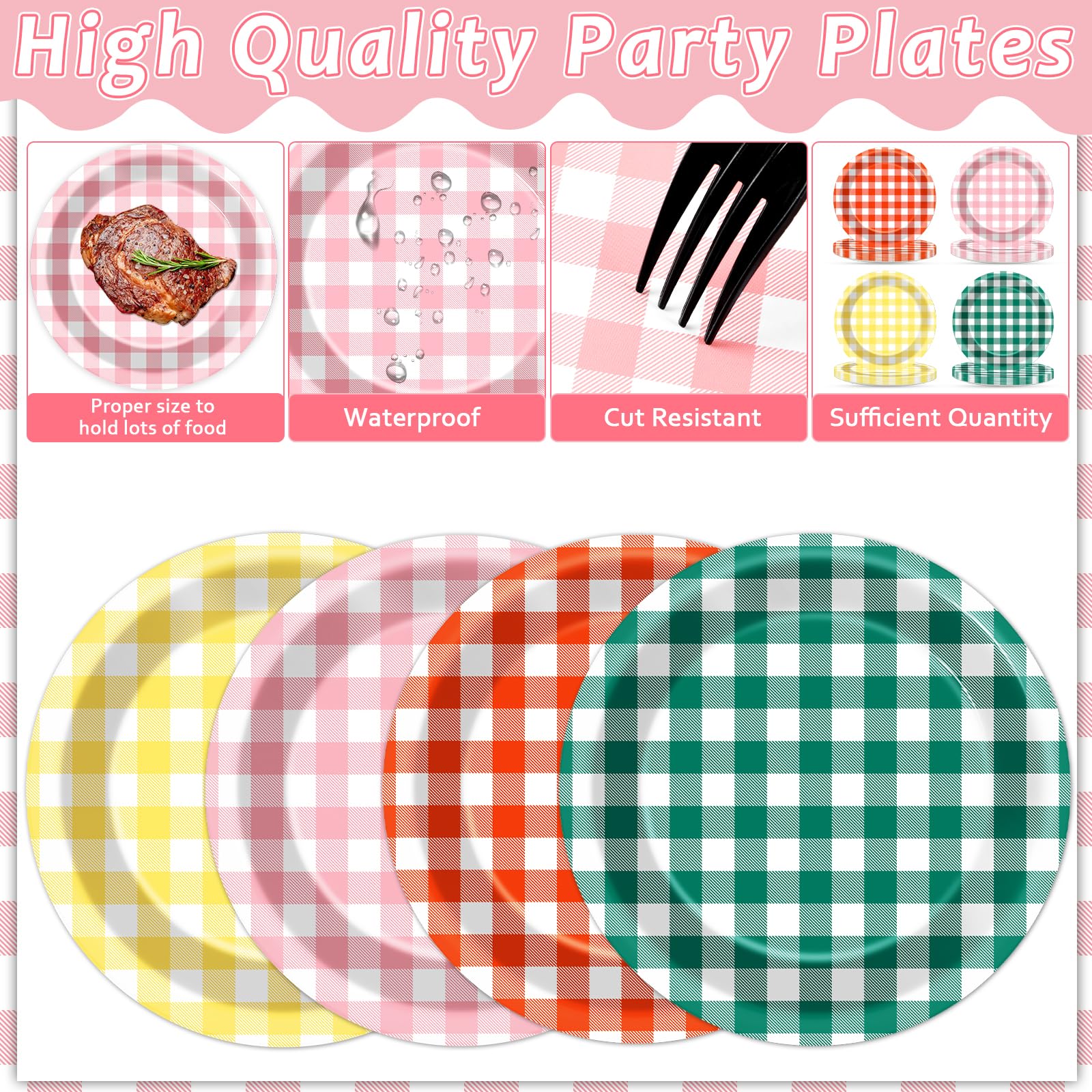 Lonfliness 48Pcs Camp Gingham Paper Plates 7Inch Gingham Checkered Bachelorette Party Supplies Glamping Birthday Tableware Dinnerware Set Summer Plaid Camping Themed Party Favors Baby Bridal Shower