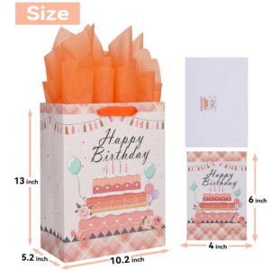 13" Large Light Orange Gift Bag Set with Greeting Card and Tissue Papers (Cake Design) for Women's Party, Girls', or Kids' Parties, Baby Shower - 10.2”x5.2”x13”, 1 Pcs.