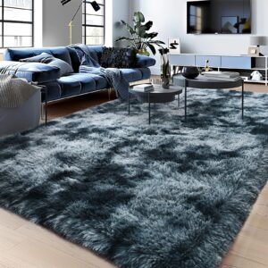 fluffy rug for living room,furry carpet for teen,shaggy rug for nursery room, tie-dyed blue grey fuzzy plush rug for dorm, rectangle shag rug 6x9 feet