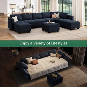 HONBAY U Shaped Modular Sectional Couch with Storage Velvet Sectional Couches for Living Room Blue