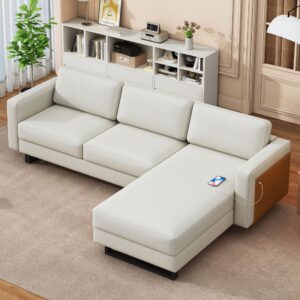 Yoglad Modern L Shaped, 3 Seater Couch with Reversible Chaise, Comfy Deep Seat Sectional Sofa with USB Charging Port for Apartment, Living Room, and Office (Cream White)