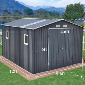 VanAcc 10x12x7.5 FT Outdoor Storage Shed, Metal shed with 2 Clear Panels Hinged Double Doors 4 Vents, Outdoor Shed for Backyard, Garden, Patio, Dark Grey/White