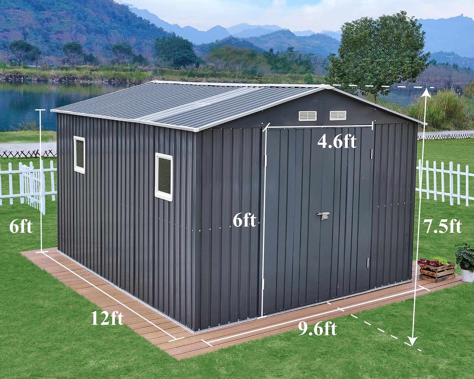 VanAcc 10x12x7.5 FT Outdoor Storage Shed, Metal shed with 2 Clear Panels Hinged Double Doors 4 Vents, Outdoor Shed for Backyard, Garden, Patio, Dark Grey/White