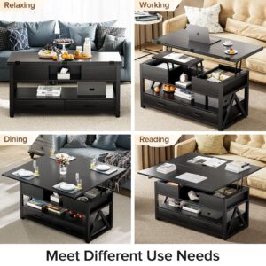 Memobarco 40" Lift Top Coffee Table,4 in 1 Multi-Function Lift Coffee Tables with Storage Drawers and Hidden Compartmen,Farmhouse Coffee Table with Lifting top for Living Room,Black