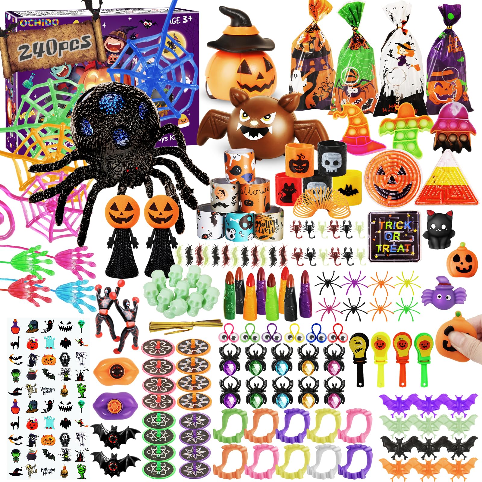 OCHIDO Halloween Party Favors for Kids-240pcs Bulk Halloween Toys Treats Gifts,Halloween Goodie Bags Fillers ,Trick Or Treat , Halloween School Classroom Carnival Prizes, Treasure Box Toys