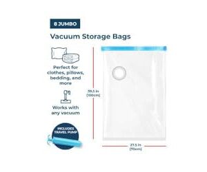 8 Pack Jumbo Vacuum Storage Seal Bags With Zipper, and Pump, Space Saver 85%, Airtight Compresion. For Travel, luggage, Comforters, Pillows, Blankets, bedding, Sacks and Clothes