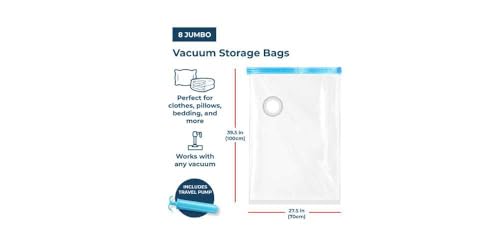 8 Pack Jumbo Vacuum Storage Seal Bags With Zipper, and Pump, Space Saver 85%, Airtight Compresion. For Travel, luggage, Comforters, Pillows, Blankets, bedding, Sacks and Clothes