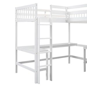 DRELOFT Twin Size L-Shaped Double Loft Beds with 2 Built-in Desks and Ladder, Wood Double High Loft Bed Frame with Safety Guardrails for Kids, Teens, Boys and Girls, 2 Beds in 1 Designed, White