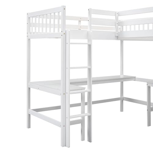 DRELOFT Twin Size L-Shaped Double Loft Beds with 2 Built-in Desks and Ladder, Wood Double High Loft Bed Frame with Safety Guardrails for Kids, Teens, Boys and Girls, 2 Beds in 1 Designed, White