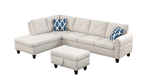 98" W Linen Sectional Sofa Upholstered Modular Couch with Cup Holder, 29" W Ottoman, 3 Combo Piece Living Room Furniture Set for 2 Toss Pillows and Rounded Arm, L-Shaped Button Nailhead Trim, Beige