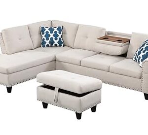 98" W Linen Sectional Sofa Upholstered Modular Couch with Cup Holder, 29" W Ottoman, 3 Combo Piece Living Room Furniture Set for 2 Toss Pillows and Rounded Arm, L-Shaped Button Nailhead Trim, Beige