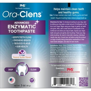 Ora-Clens Advanced Enzymatic Toothpaste – Safe and Natural Dog Oral Care Toothpaste – Freshens Breath, Fights Plaque and Reduces Tartar – Tasty Peanut Butter Flavor – 3 Oz