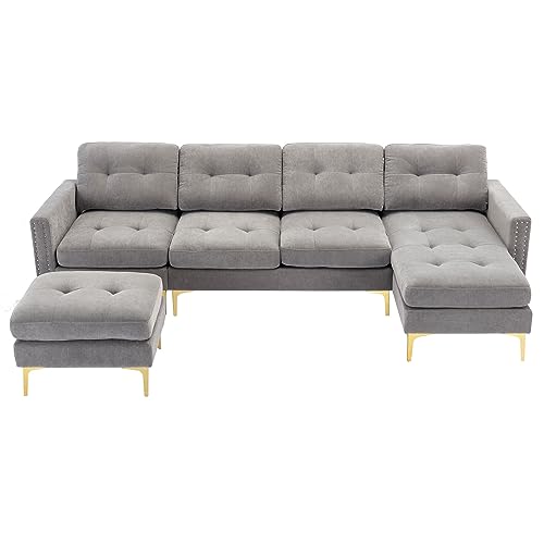 EOVTK Convertible Sectional Sofa with Movable Ottoman, 110" L-Shape Velvet Couch with Golden Metal Legs & Side Storage Pockets for Living Room, Apartment, Office, Light Gray