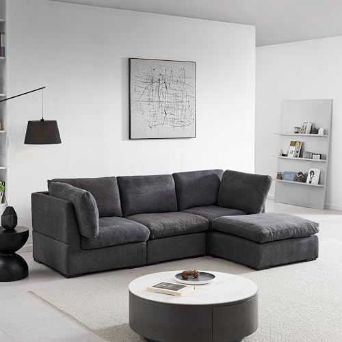 ERYE L-Shape Modular Down Feather Fill Sectional Sofa W/Reversible Chaise, Modern Free Combined TV Couch Comfortable Deep Seat Corner Sofa&Couch with Movable Ottoman for Living Room