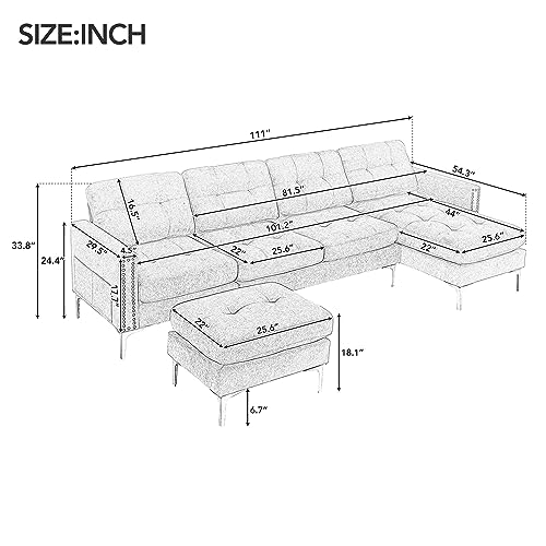 EOVTK Convertible Sectional Sofa with Movable Ottoman, 110" L-Shape Velvet Couch with Golden Metal Legs & Side Storage Pockets for Living Room, Apartment, Office, Light Gray