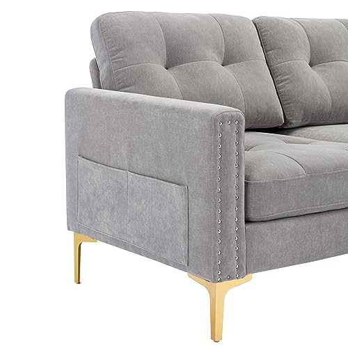 EOVTK Convertible Sectional Sofa with Movable Ottoman, 110" L-Shape Velvet Couch with Golden Metal Legs & Side Storage Pockets for Living Room, Apartment, Office, Light Gray