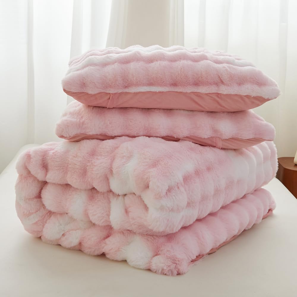 chovy Rabbit Plush Pink White Faux Fur Duvet Cover Comforter Cover King - 3PC Bed Set Ultra Soft Shaggy Flannel Velvet Fluffy Fuzzy Bedding（Duvet Cover x 1 Pillowcases x 2）