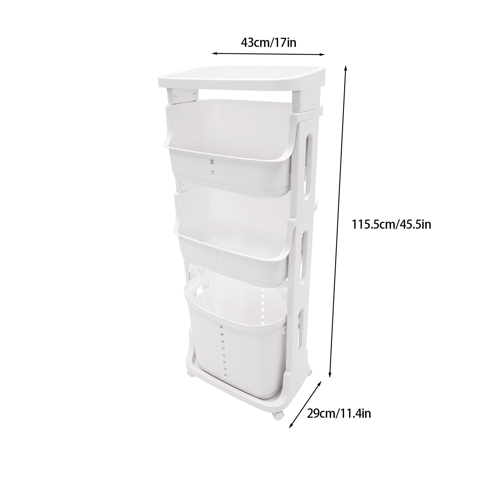 LyeXD 4 Tier Rolling Laundry Cart, Plastic Laundry Basket with Wheels, Clothes Storage Basket Cart On Wheels with 1 Removable Large Baskets, Laundry Hampers Dirty Clothes Hamper for Bathroom (White)