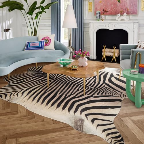 GUZAREUU Zebra Rug 7.6x6.2 ft Zebra Print Rug Funky Area Rug for Living Room Bedroom, Non-Slip Durable Faux Cowhide Rug No Fur